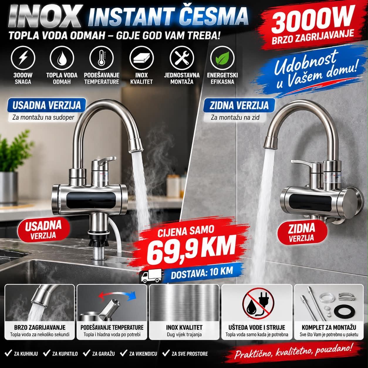 💧 INOX ČESMA SA UGRADNIM GRIJAČEM –ZIDNI/USADNI MODEL